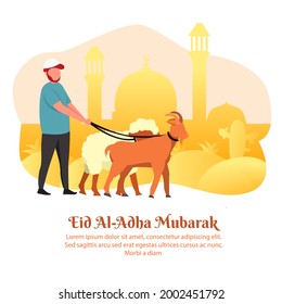 Vector illustration of a Muslim man and beside him there is a goat, cow, or sheep for sacrifice, He is preparing to celebrate Eid al-Adha. Eid al-Adha greeting vector, Muslim man vector illustration.