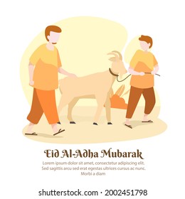 Vector illustration of a Muslim man and beside him there is a goat, cow, or sheep for sacrifice, He is preparing to celebrate Eid al-Adha. Eid al-Adha greeting vector, Muslim man vector illustration.