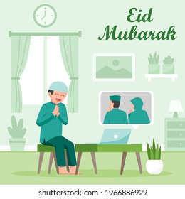 Vector illustration of a Muslim man doing a video call with his family and friends, gathering together because he is celebrating Eid al-Fitr, stay connected even though the Covid-19 pandemic is on.