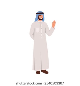 Vector illustration of a Muslim man dressed in traditional clothes. Cartoon scene of a bearded man wearing a white,long buttoned shirt, blue headdress, shoes, waving hand isolated on white background.