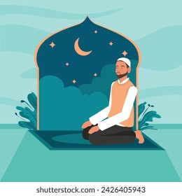 Vector Illustration of a Muslim Man Engaged in Prayer. Young person on his knees praying salat or namaz on a carpet in front of islamic background. Ramadan Kareem, Islamic holiday concepts.