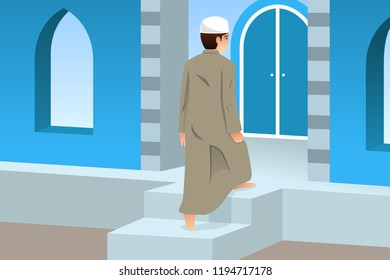 A vector illustration of Muslim Man Going to Mosque for Prayer