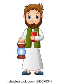 Vector illustration of Muslim man holding lantern and quran with green scarf in his neck