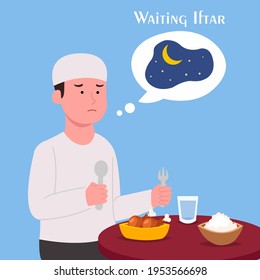 Vector illustration of a Muslim man Hungry Waiting Iftar Time Cartoon Illustration