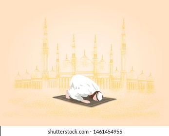 Vector illustration of Muslim Man Making Traditional Prayer To God in Ramadan celebration Panoramic scene of traveler Muslim life in the desert. cartoon vector of mosque,dust,sand,desert and prayer.