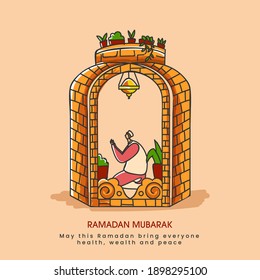 Vector Illustration Of Muslim Man Offering Namaz In Brick Lantern On The Occasion Of Ramadan Mubarak.