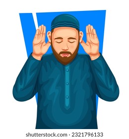 Vector illustration of a Muslim man offering namaz, praying and making duas during holy month of Ramadan.