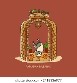 Vector Illustration Of Muslim Man Offering Namaz in Lantern On The Occasion Of Ramadan Mubarak. 