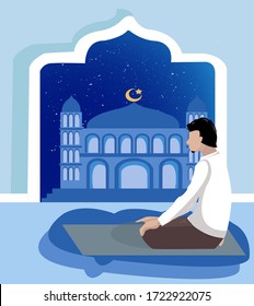 Dibujo vectorial de un musulmán rezando durante Ramadán en el brote de Corona 