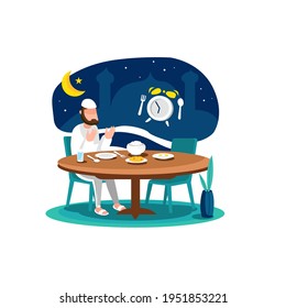 Vector illustration of a Muslim man praying for suhoor at dawn, getting ready to eat suhoor food, in flat vector style