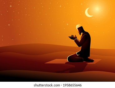Vector illustration of muslim man praying in the desert, Ramadan, Islamic theme and background