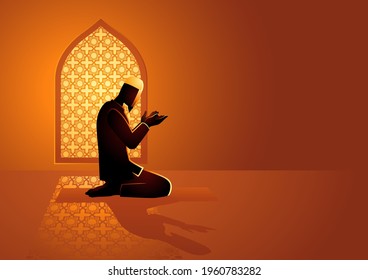 Vector illustration of muslim man praying inside a mosque
