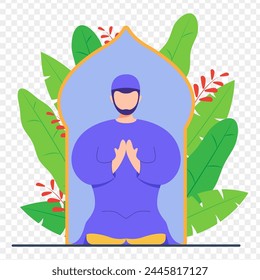 Vector illustration of muslim man praying on transparent background