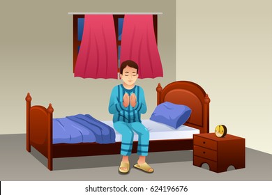 A Vector Illustration Of Muslim Man Praying Before Going To Bed