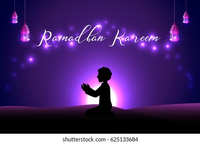 Vector illustration of Muslim man praying silhouette at the desert night day