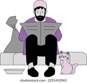 Vector illustration of Muslim man reading a book and cat sitting next to him