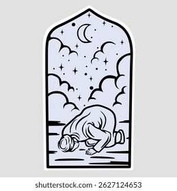 Vector illustration of a Muslim man in sujood (prostration) under a night sky filled with stars and crescent moon. Peaceful Islamic prayer moment framed in a mosque window shape. Spiritual and serene.