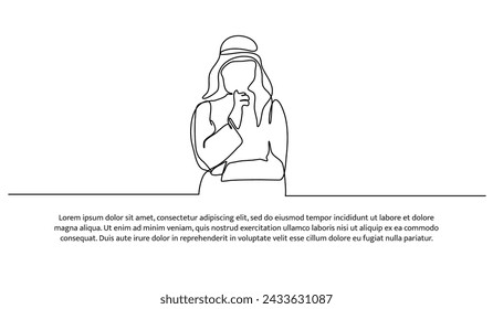 Ilustración vectorial de un hombre musulmán está pensando duro. Moderno piso en estilo de línea continua.
