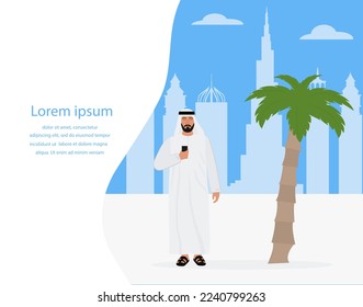 Ilustración vectorial Hombre musulmán usa celular. Turista. La gente toma fotos, selfies. Silhouette de rascacielos de los Emiratos Árabes Unidos. Vacaciones de verano Viajes, aventura Concepto Turismo Edificio famoso de Dubai