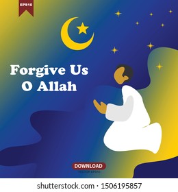 vector illustration of a Muslim man wearing a robe and asking God for forgiveness for all his sins and mistakes