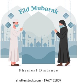 Vector illustration of a Muslim man and a Muslim woman wearing a hijab greeting each other to say happy Eid al-Fitr, but with physical distance, because they are celebrating Eid while pandemic is on