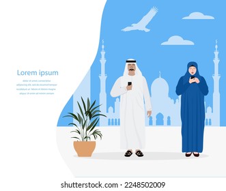 Vector illustration Muslim man, woman use cell phones. Tourist. People take photos, selfies. United Arab Emirates. Sheikh Zayed Mosque silhouette. Abu dhabi. Summer vacation. Travel Adventure Tourism