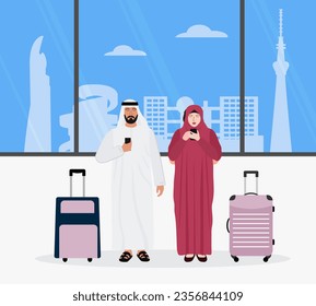 Vector illustration Muslim man, woman with suitcases use cell phones. Tourist. People take photos, selfies. Japan Asia Summer vacation Travel Adventure Tourism Japanese culture Skyscrapers Building