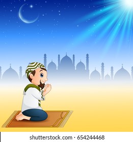 Vector illustration of  Muslim men sitting on the prayer rug while praying