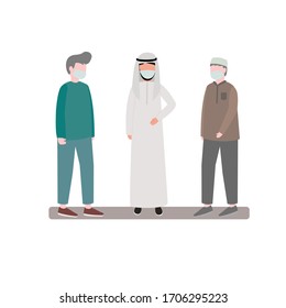 ilustración vectorial Los hombres musulmanes hablan entre sí durante la pandemia del virus de la corona. Estilo árabe