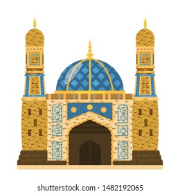 Vector illustration of muslim mosque with mosaics. Arabic architecture. Mud brick temple. Flat style.