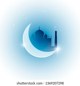Vector illustration of muslim mosque on clouds with sky and stars