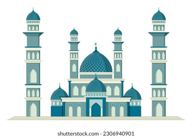 Vector illustration of a Muslim Mosque Silhouette. Blue mosque vector muslim praying place.Islamic building. 