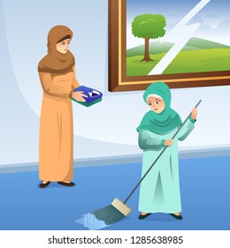 A vector illustration of Muslim Mother and Daughter Doing Chores at Home