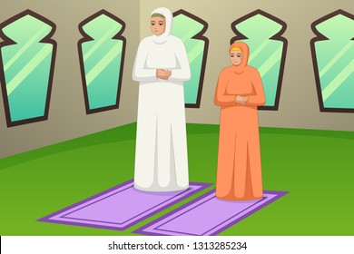 A vector illustration of Muslim Mother and Daughter Praying at Mosque