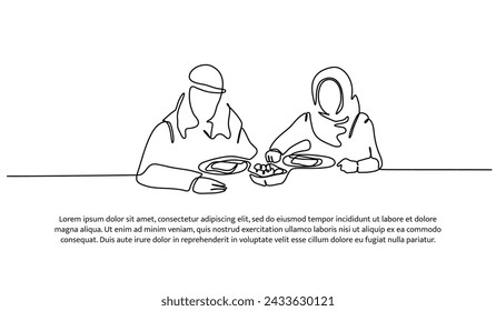 Vector illustration of muslim mother and her daughter eating together. Modern flat in continuous line style.