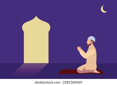 Vector illustration of muslim night day man praying in the sajada Masjid , holy month Ramadan, Islamic theme and background