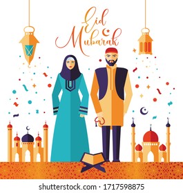 Vector illustration of muslim offering namaaz for Eid on white. Ramadan Kareem background with people.