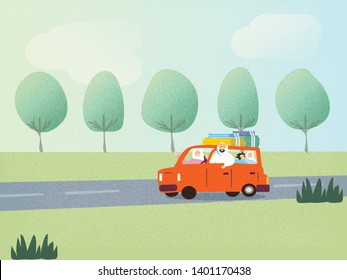 Vector Illustration of Muslim parent with kids in traditional costume celebrating Ramadan month.The Muslim traveller family travel by car or going outdoor.Image with noise and grainy .Green and orange