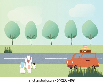 Vector Illustration of Muslim parent with kids in traditional costume celebrating Ramadan month.The Muslim family pray to God while travel by car.Image with noise ,grainy,charcoal texture.