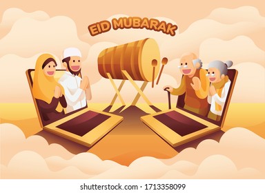 Vector Illustration of Muslim People Communicate Online In Eid Mubarak