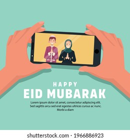 Vector illustration of a Muslim people doing a video call with his family and friends, gathering together because he is celebrating Eid al-Fitr, stay connected even though the Covid-19 pandemic is on.