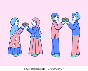 Ilustração vetorial de pessoas muçulmanas compartilhando uma tigela de tâmaras de frutas durante o mês sagrado do Ramadã. Conceito de generosidade, união, bondade e tradição islâmica da iftar.