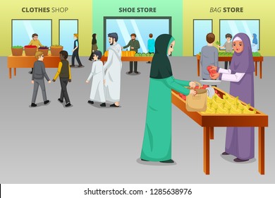 A vector illustration of Muslim People Shopping at a Traditional Market