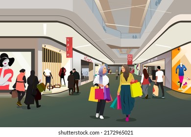 A vector illustration of Muslim People Shopping in a Mall