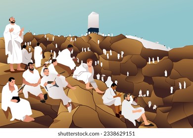Una ilustración vectorial de los peregrinos musulmanes rezando en Kaaba, en La Meca