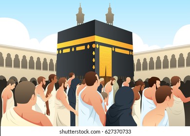 A vector illustration of Muslim Pilgrims Walking Around Kaaba in Mecca