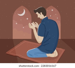 vector illustration of a Muslim praying fervently on the night of Ramadan