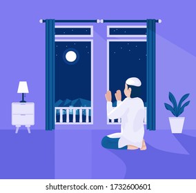 Vector illustration of Muslim praying at home at night, with home decor pots, tables, bed lamps, double windows and curtains. Suitable for backgrounds, footage animations, motion graphics and more