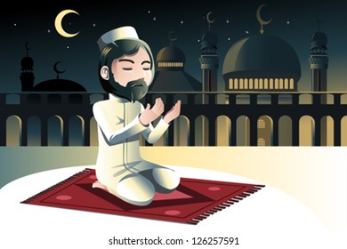 A vector illustration of a muslim praying in a mosque