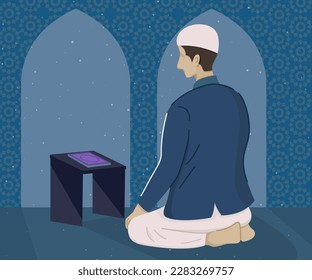 ilustración vectorial de la lectura musulmana al quran en la noche de ramadán